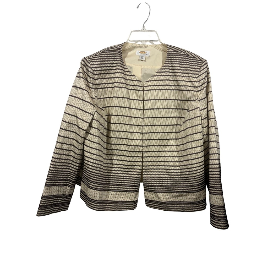 Talbots Woman Petites 16W Cream Brown Striped Collarless Blazer Jacket Hook Eye